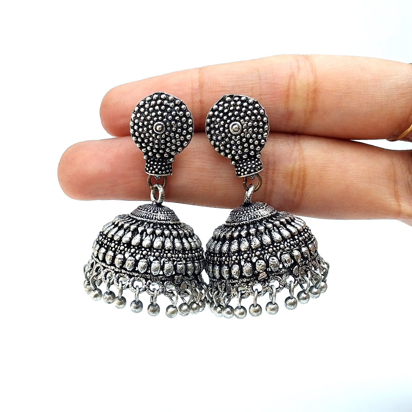Silver Antique Oxidised Medium Size Jhumka Earings-02