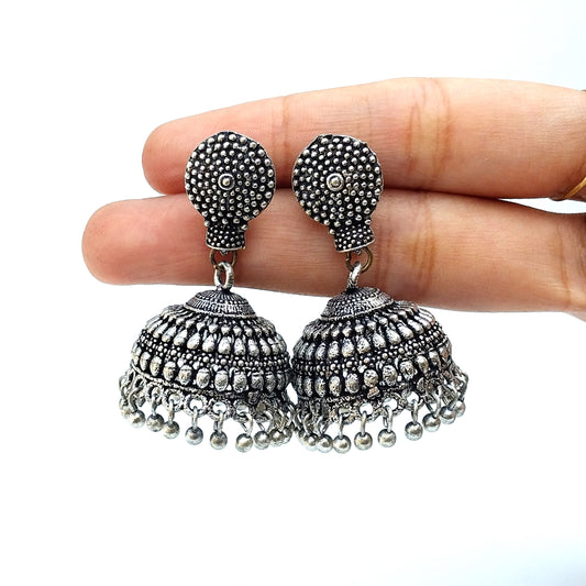 Silver Antique Oxidised Medium Size Jhumka Earings-02