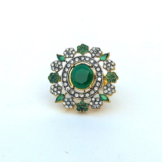 Golden Green Floral Ring With White Crystal