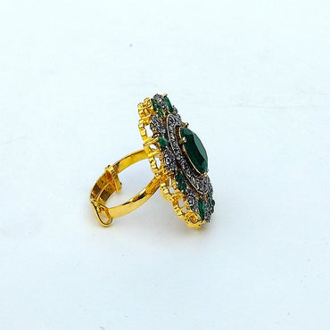 Golden Green Floral Ring With White Crystal