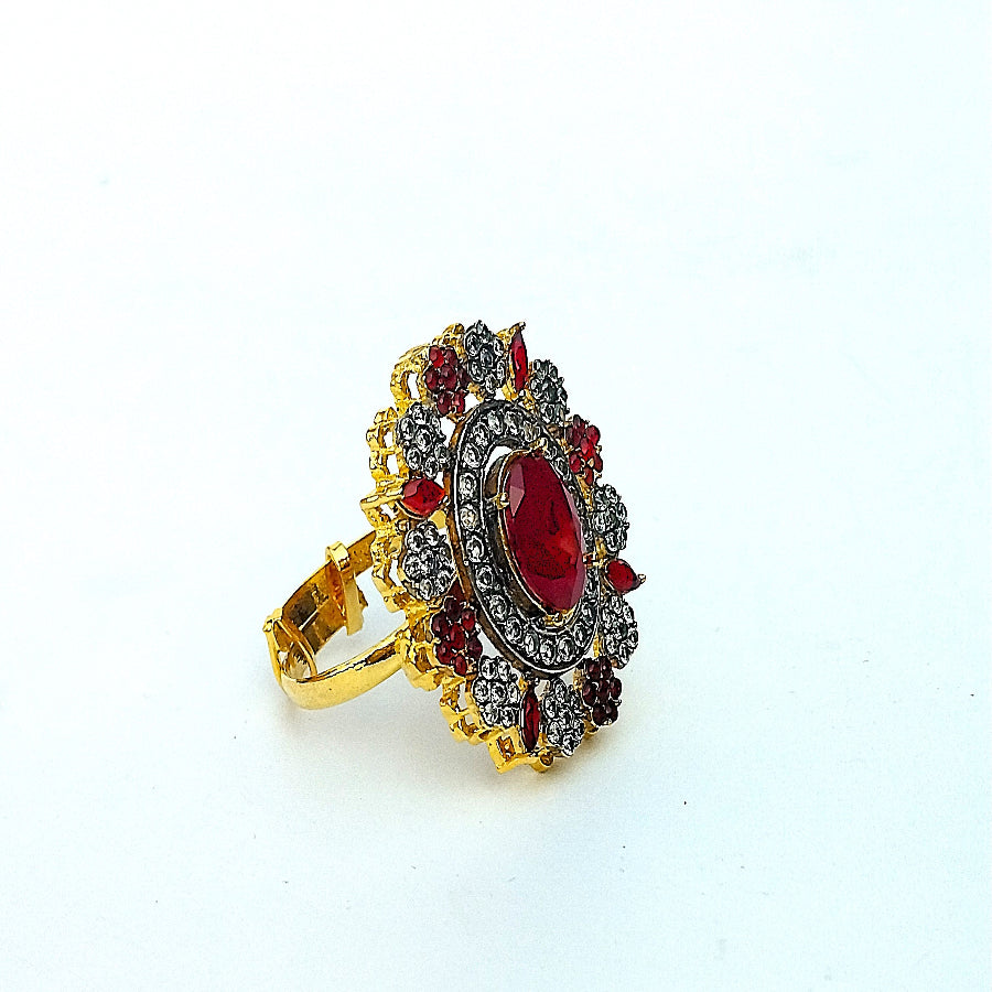 Golden Red Floral Ring With White Crystal