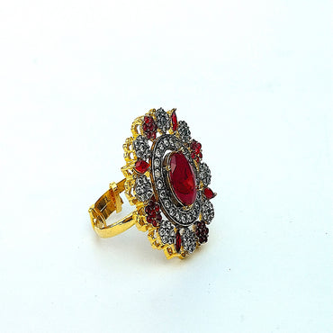 Golden Red Floral Ring With White Crystal