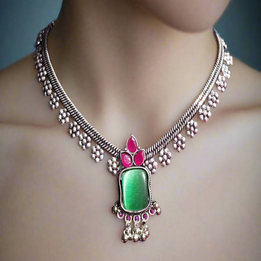 German Silver Oxidized Green Stone Choker with Red Accent