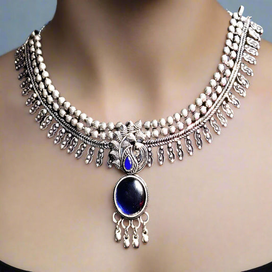 German Silver Oxidized Blue Stone Choker