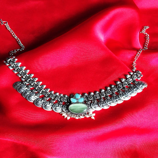 German Silver Oxidized Choker With Green Accent