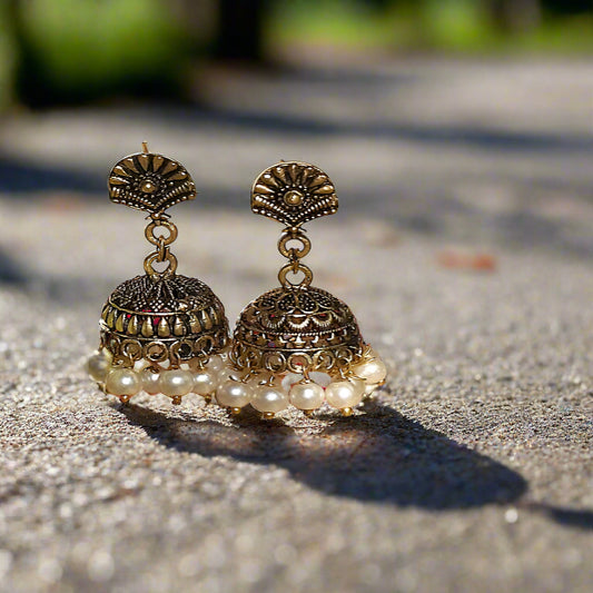 Antique Golden Jhumki Earings With White Pearls