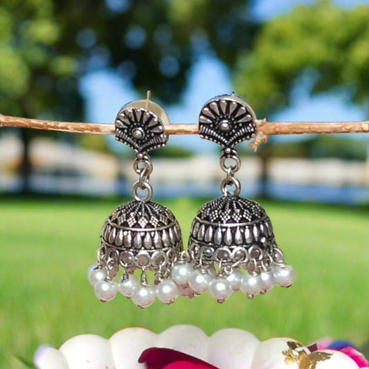 Antique Oxidized Jhumki Earrings with White Pearls