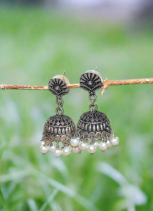 Silver Antique jhumki Earings With White Pearls