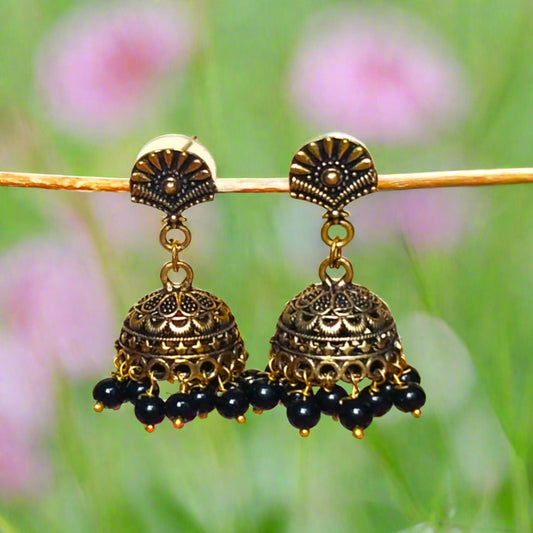 Antique Golden Jhumki Earrings with Black Pearls