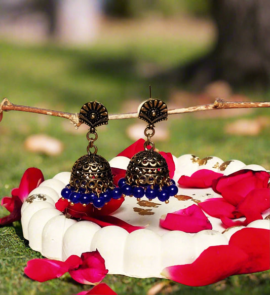 Antique Golden Oxidized Jhumki With Blue Pearls