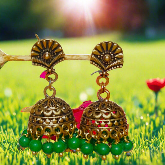 Antique Golden Jhumki Earings With Green Pearls