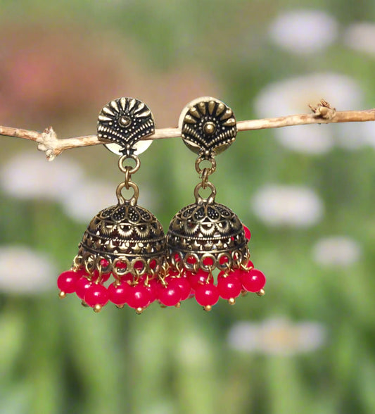 Golden Oxidized Jhumki With Red Pearls