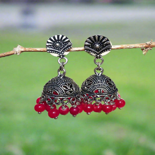 Antique Oxidized Jhumki Earrings with Red Pearls