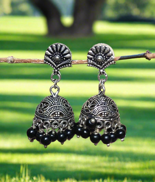 Antique Silver Jhumki With Black Pearls