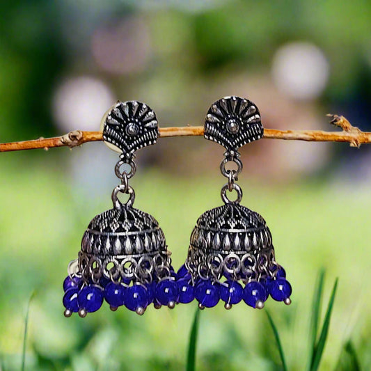 Antique Oxidized Jhumki Earrings with Blue Pearls
