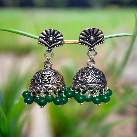 Antique Oxidized Jhumki Earrings with Green Pearls