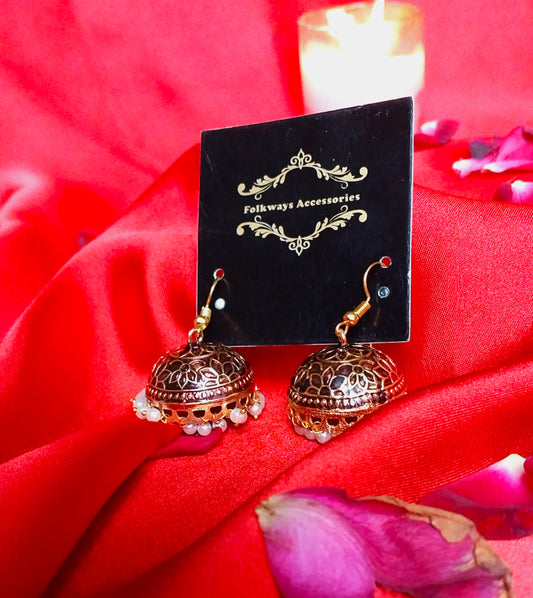 Meenakari Red Jhumki With White Beads