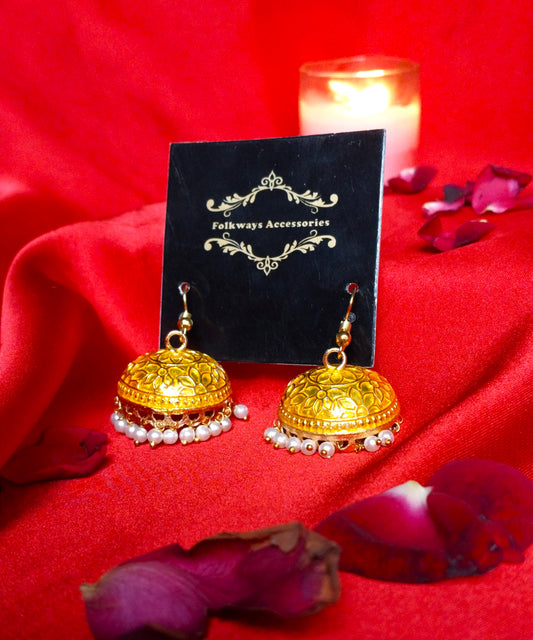 Golden Meenakari Jhumkay With White Pearls Pair