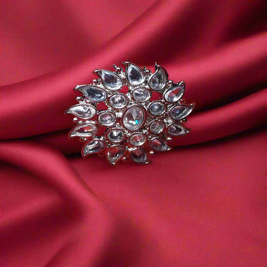 Silver Zircon Floral Ring With White Crystal