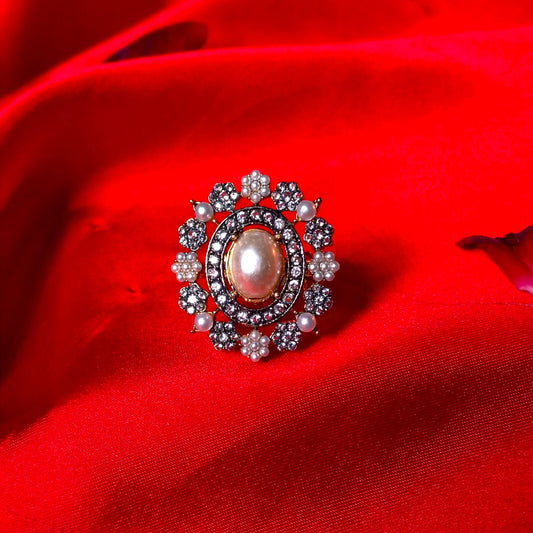 Golden White Floral Ring With White Crystal