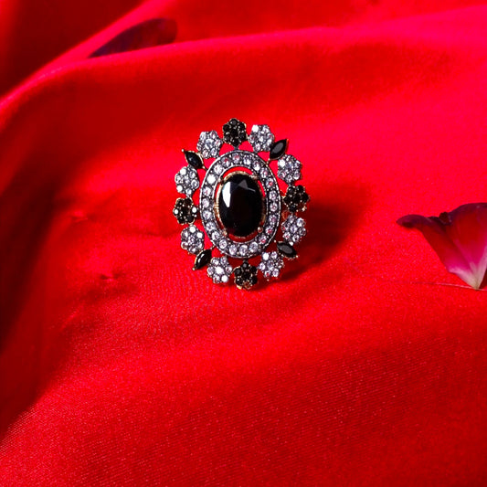Golden Black Floral Ring With White Crystal
