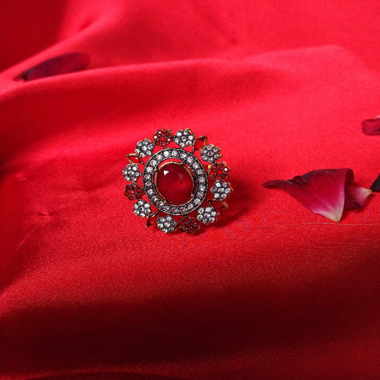Golden Red Floral Ring With White Crystal