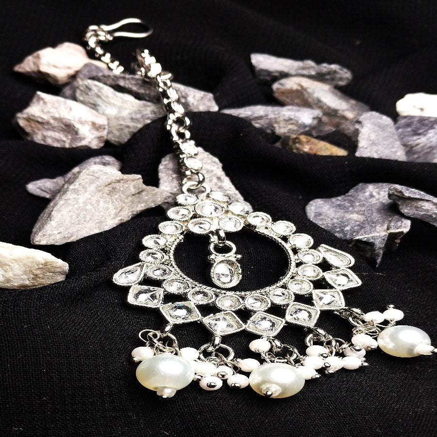 Silver Traditional Mangtikka with White Beeds