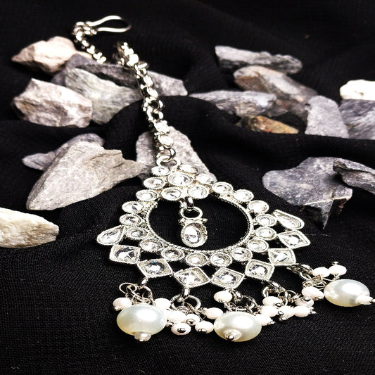 Silver Traditional Mangtikka with White Beeds