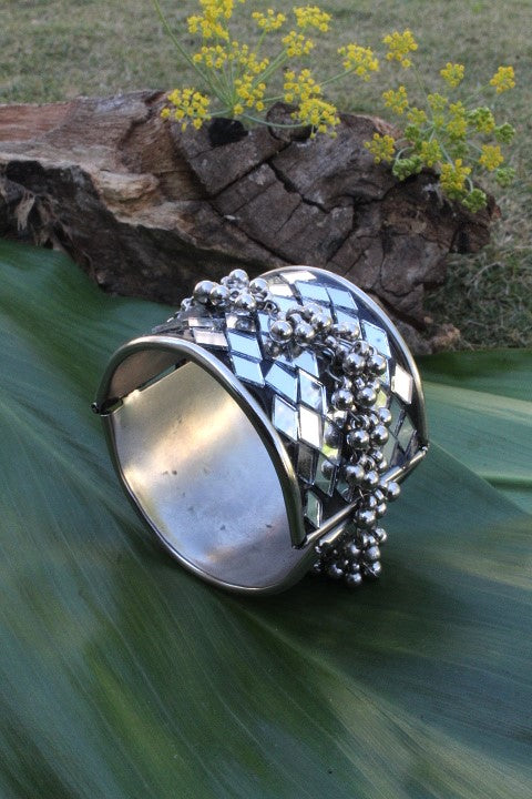 German Silver Wide Antique Bangles With Mirrors
