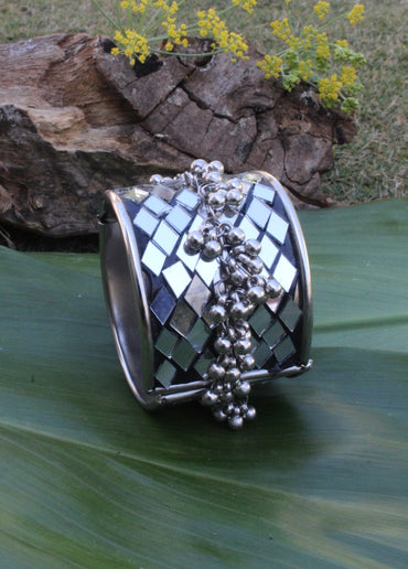 German Silver Wide Antique Bangles With Mirrors