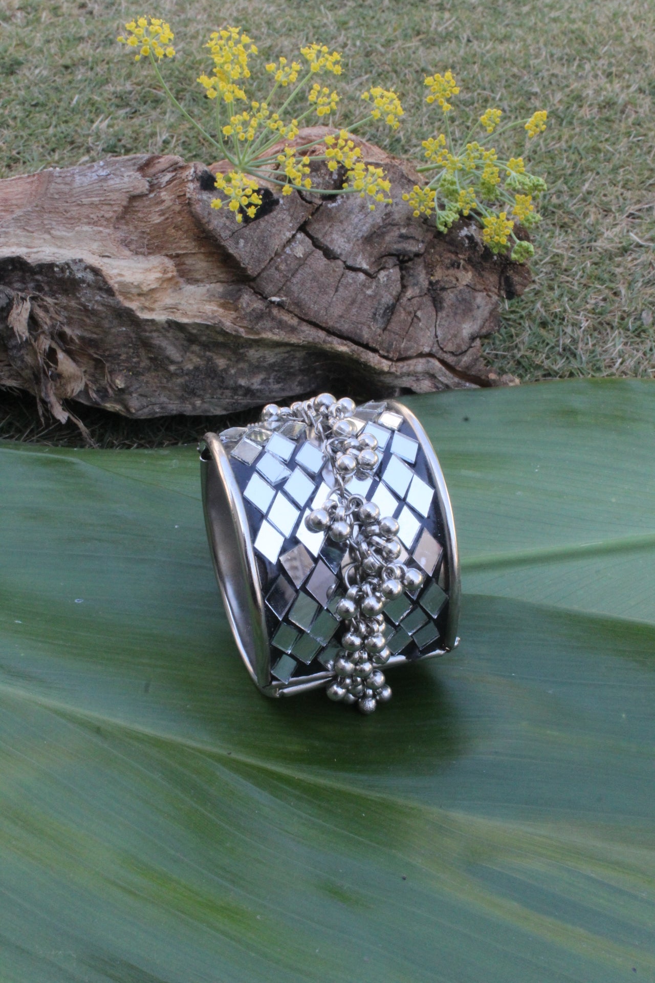German Silver Wide Antique Bangles With Mirrors
