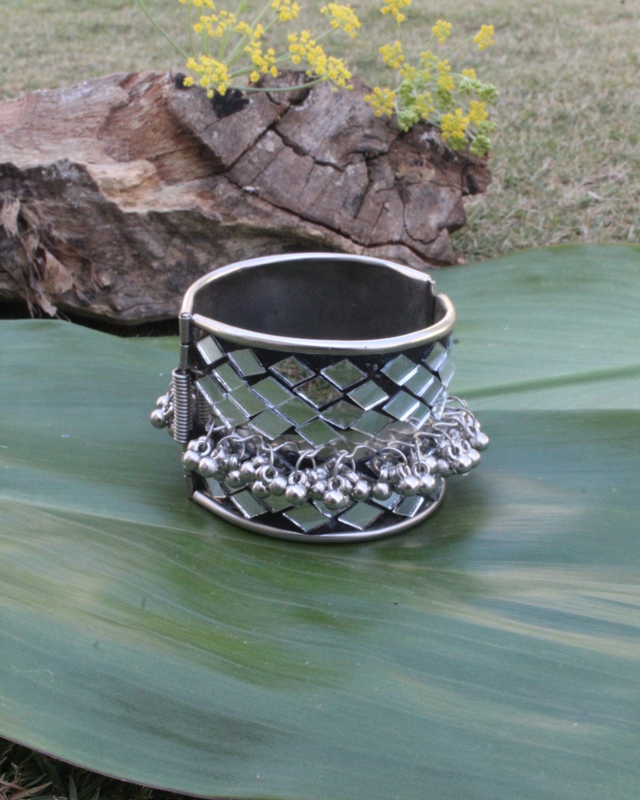 German Silver Wide Antique Bangles With Mirrors