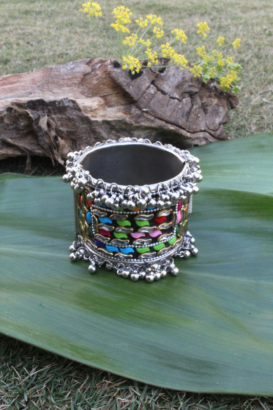 German Silver Wide Antique Bangles With Multistones