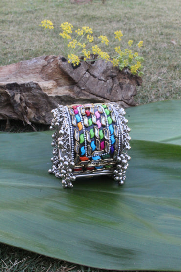 German Silver Wide Antique Bangles With Multistones