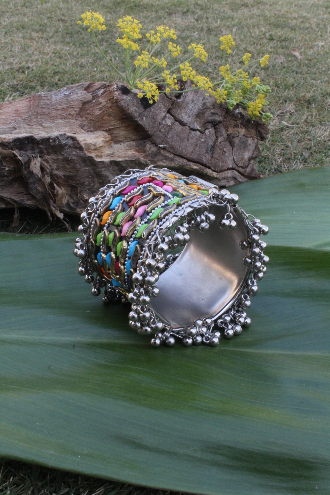 German Silver Wide Antique Bangles With Multistones