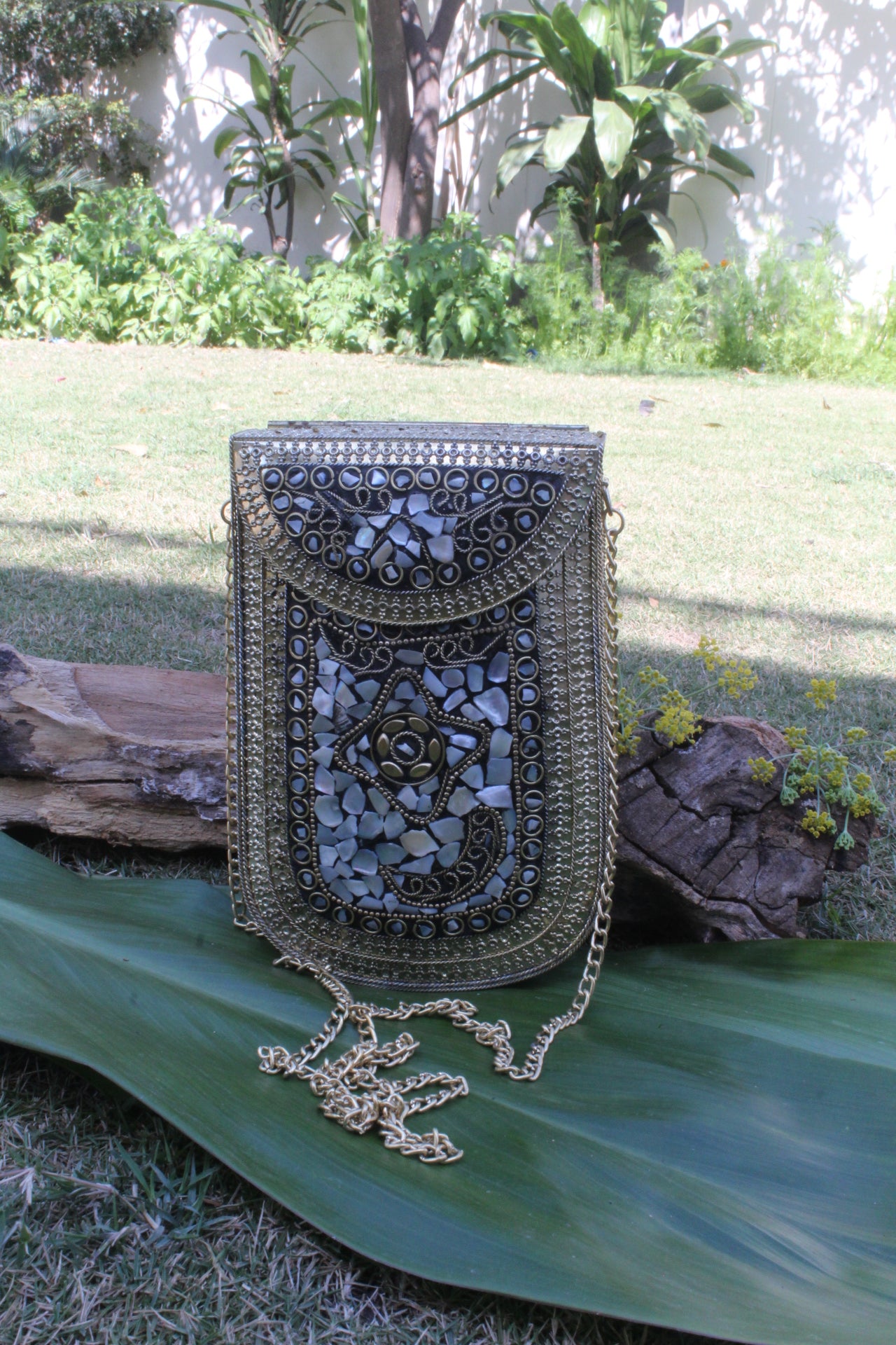 Mosaic Work Golden Metal Clutch