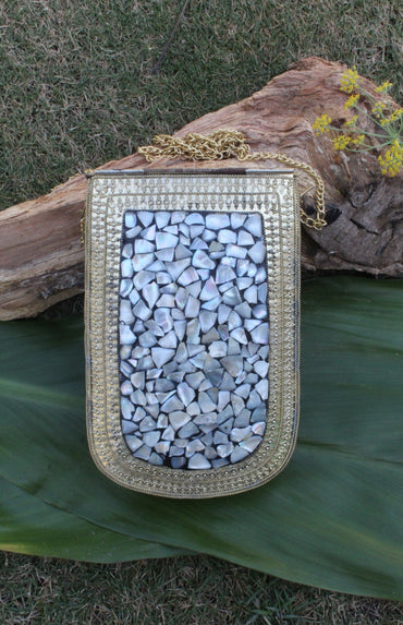 Mosaic Work Golden Metal Clutch