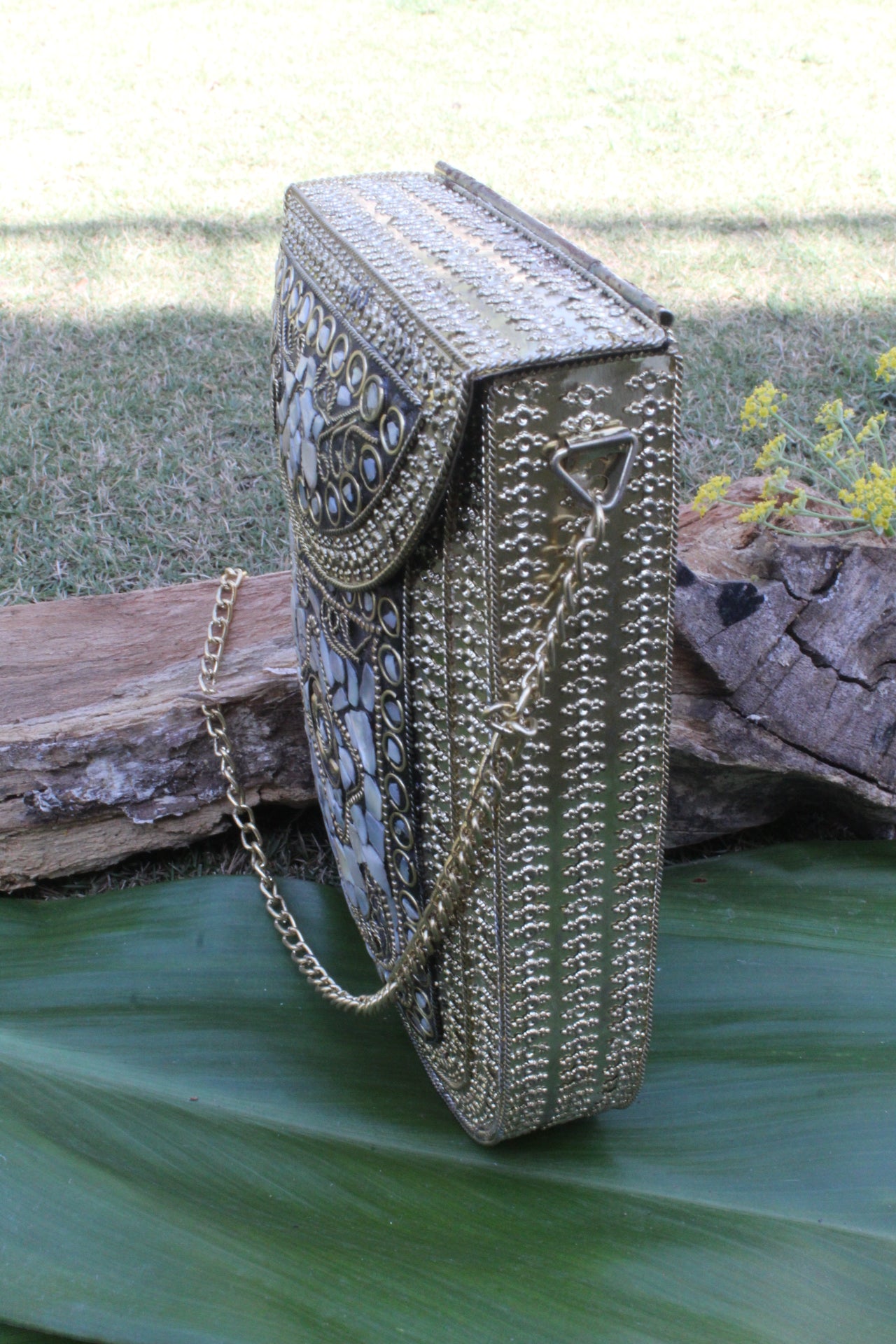 Mosaic Work Golden Metal Clutch