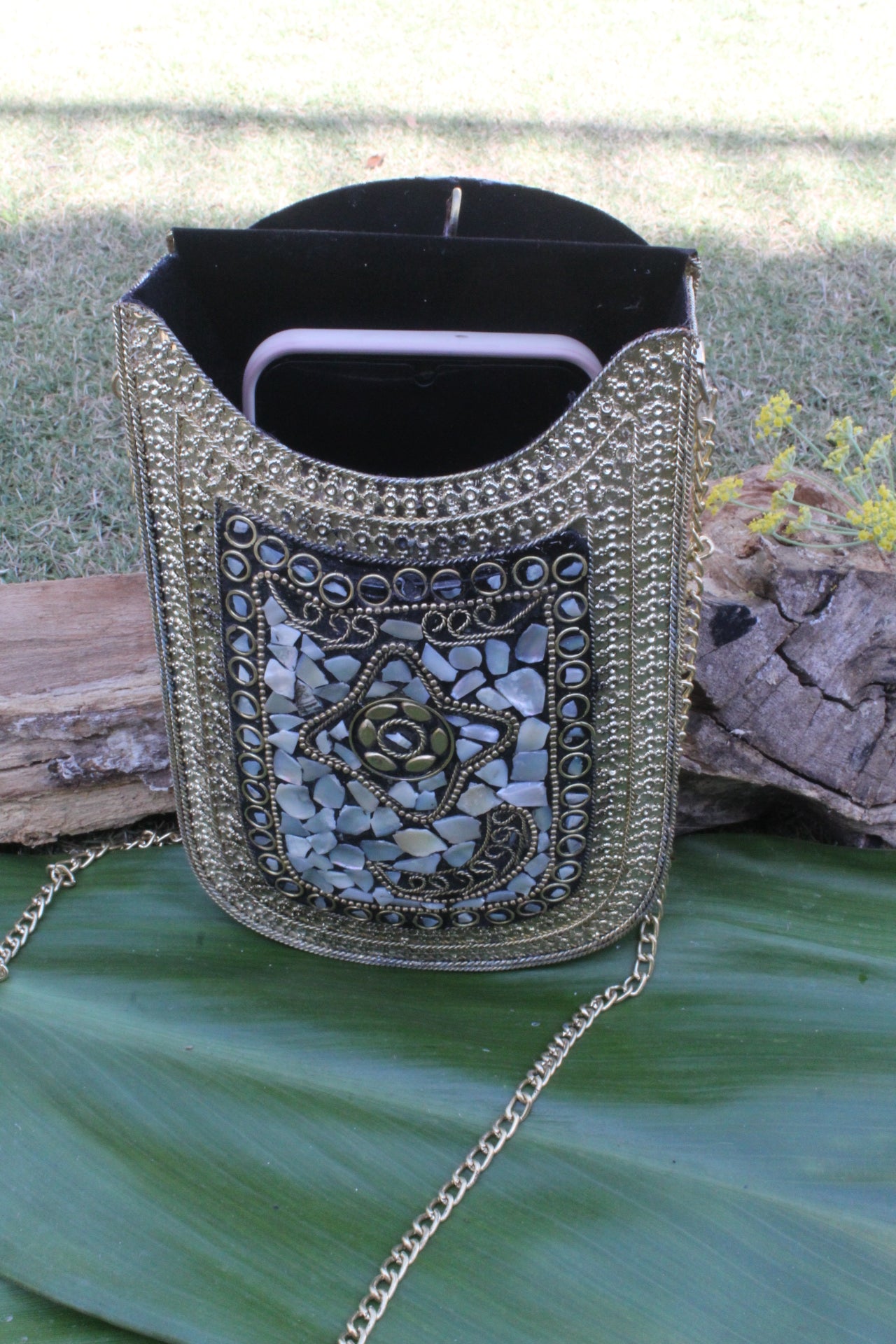 Mosaic Work Golden Metal Clutch
