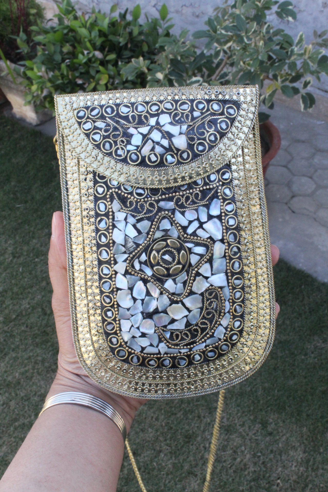 Mosaic Work Golden Metal Clutch