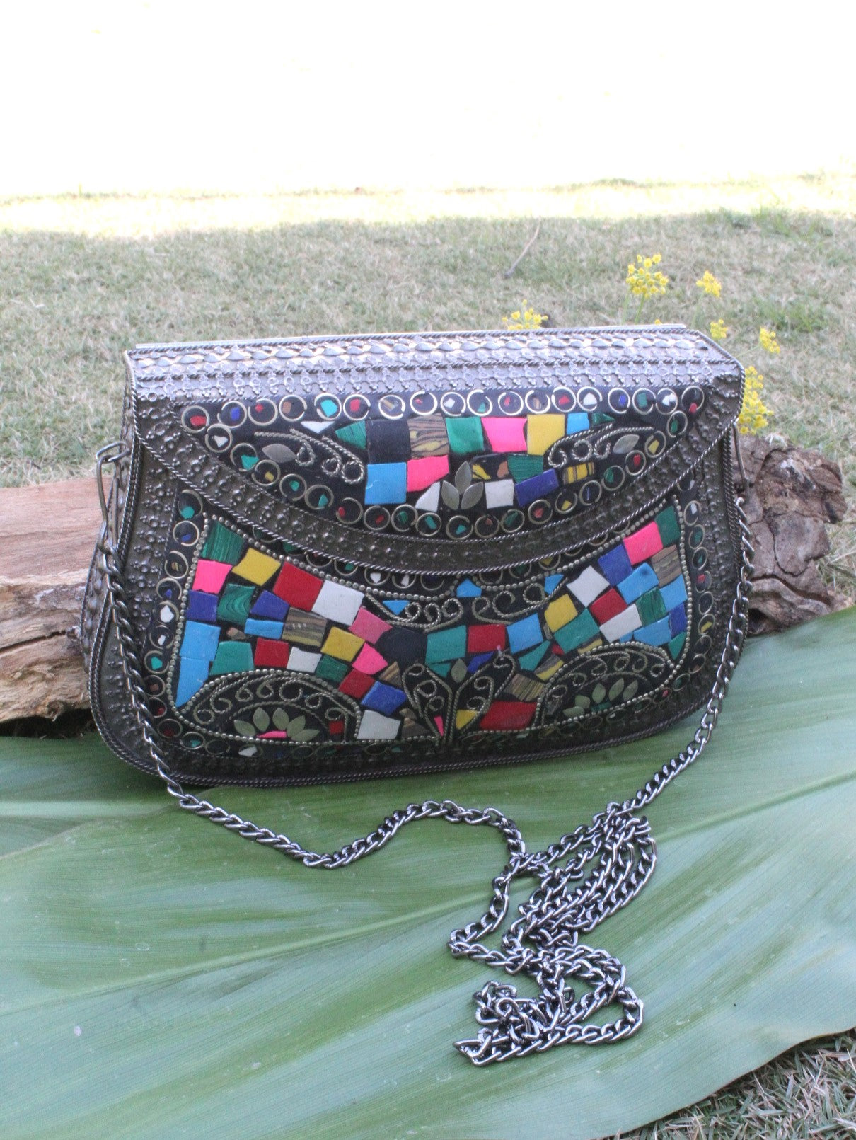 Black Metal Multi Stone Mosaic Clutch
