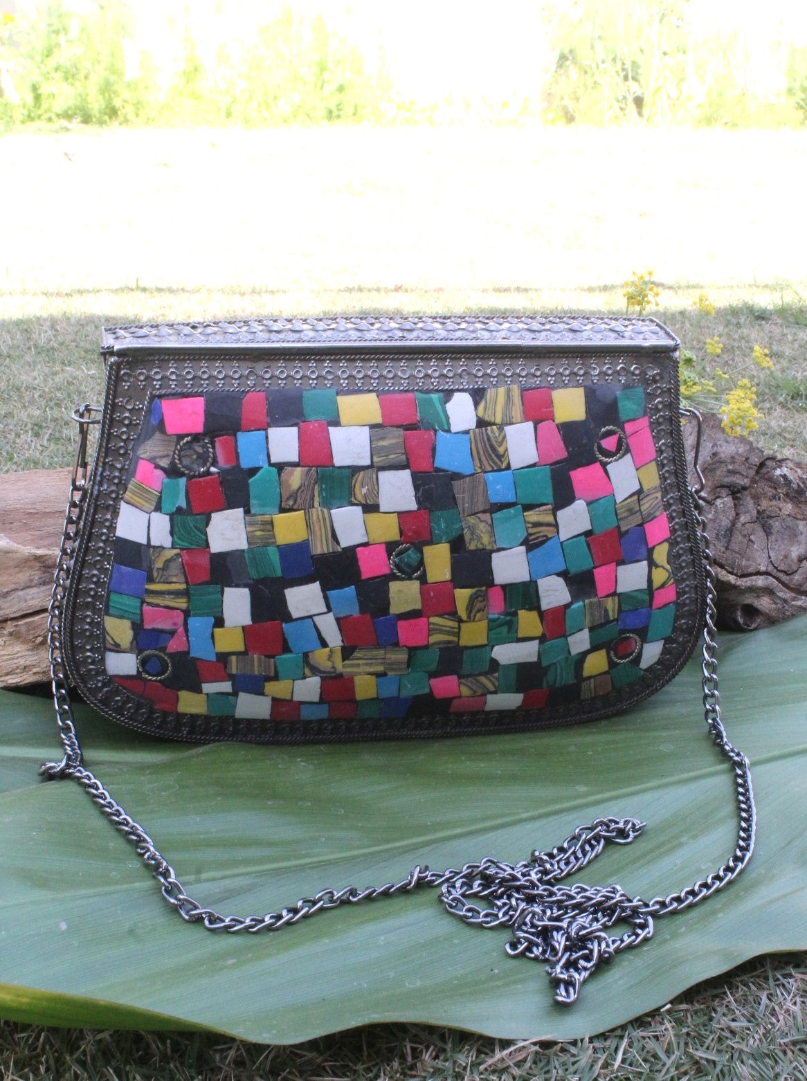 Black Metal Multi Stone Mosaic Clutch