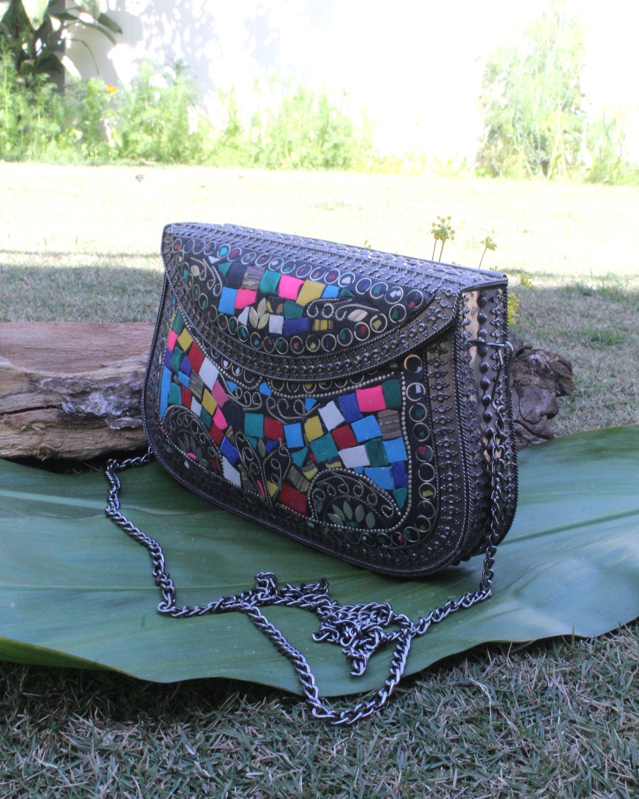Black Metal Multi Stone Mosaic Clutch