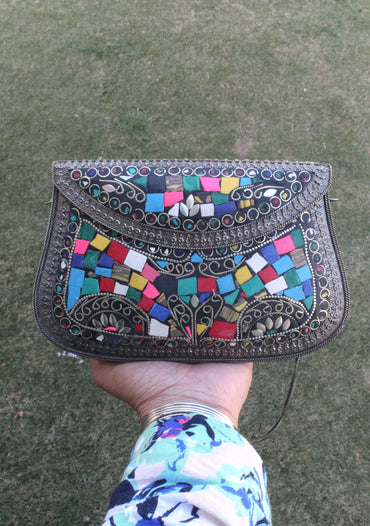 Black Metal Multi Stone Mosaic Clutch