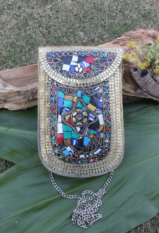 Mosaice Multi Work Golden Metal Clutch