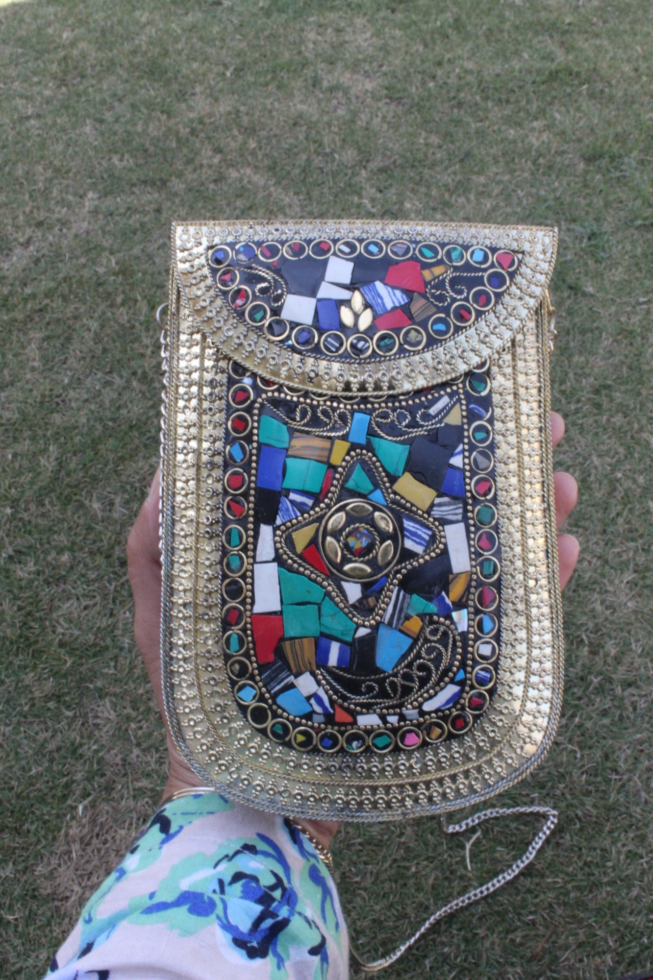 Mosaice Multi Work Golden Metal Clutch