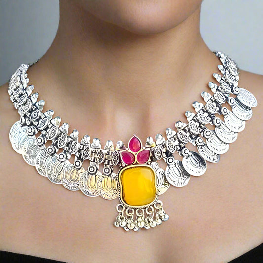 German Silver Yellow Stone Oxidized Choker