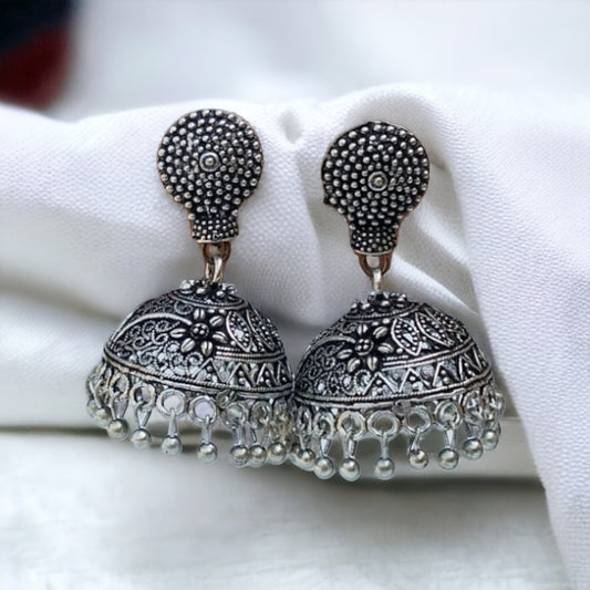 Silver Antique Oxidised Medium Size Jhumka Earings