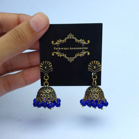 Antique Golden Oxidized Jhumki With Blue Pearls