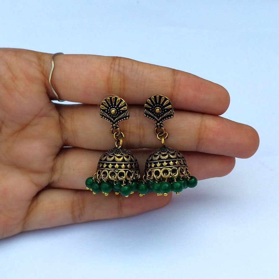 Antique Golden Jhumki Earings With Green Pearls